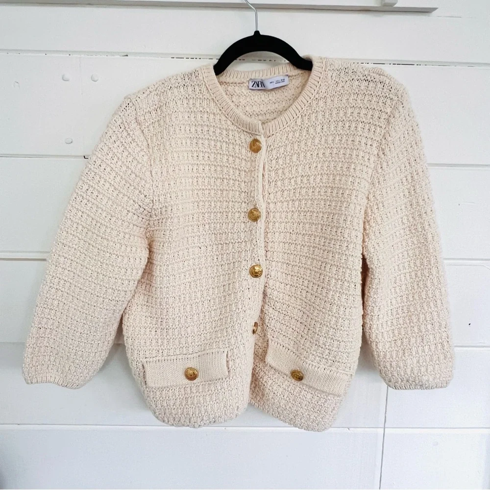 Zara Cream Cardigan Sweater - Cotton Blend Knit. Size L. - Picture 2 of 14